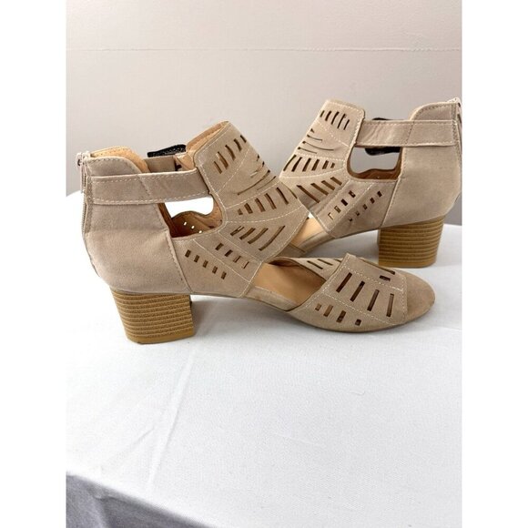 Boho Coastal Block Heel Sandals 42 10 Laser Cut Geo Ankle Cuff Neutral Western - Picture 9 of 15